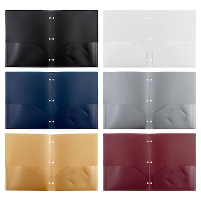 JAM Paper Smooth 3-Hole Punched 2 Pocket Plastic Folder, Assorted Colors, 6/Pack (383HHPPassrt)