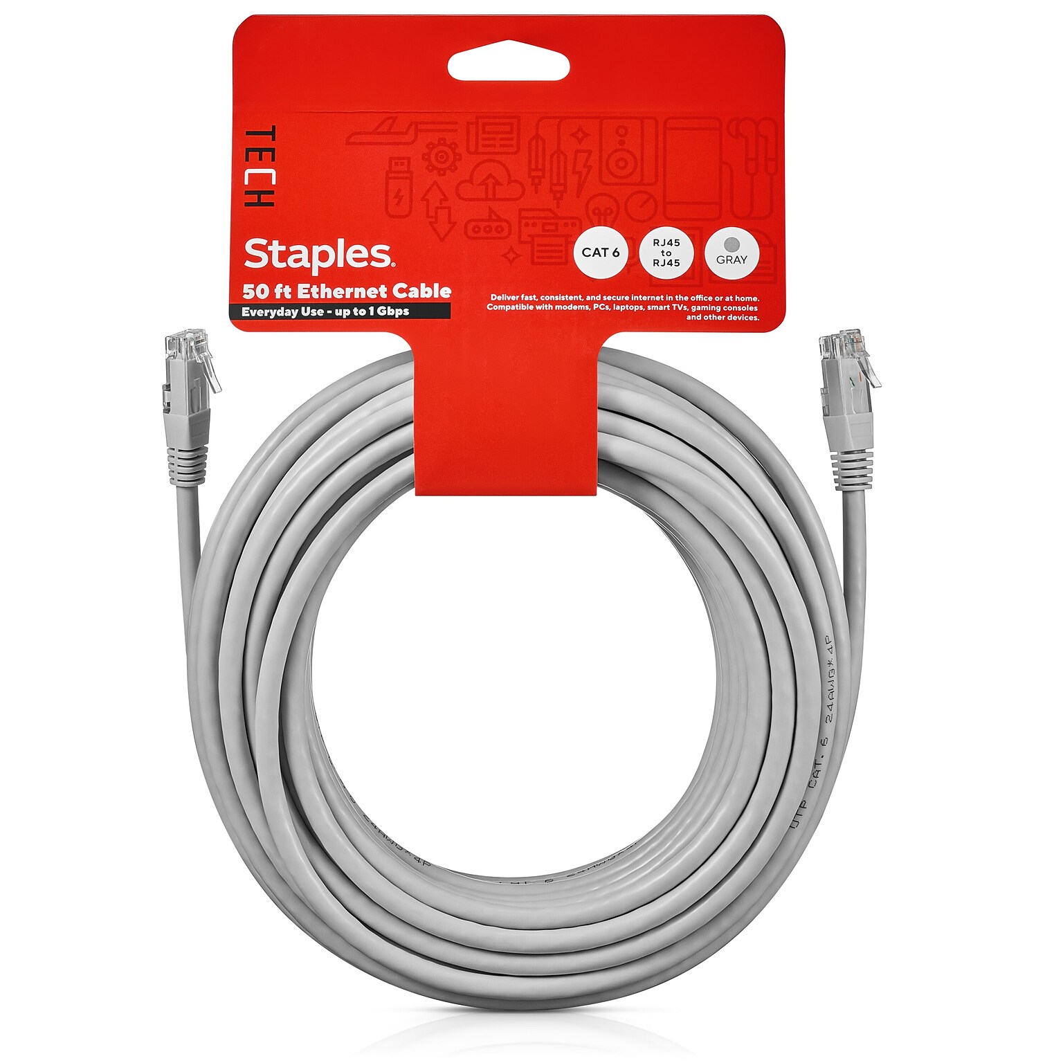 Staples TECH 50 Cat-6 Ethernet Cable, Male to Male, Gray (ST62447)