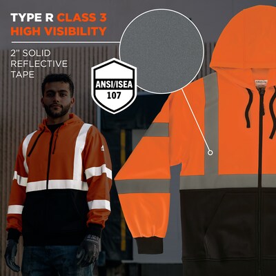 Ergodyne GloWear 8312BK High Visibility Long Sleeve Black Bottom Hooded Zip-Up Sweatshirt, ANSI Type R Class 3, Orange, Large