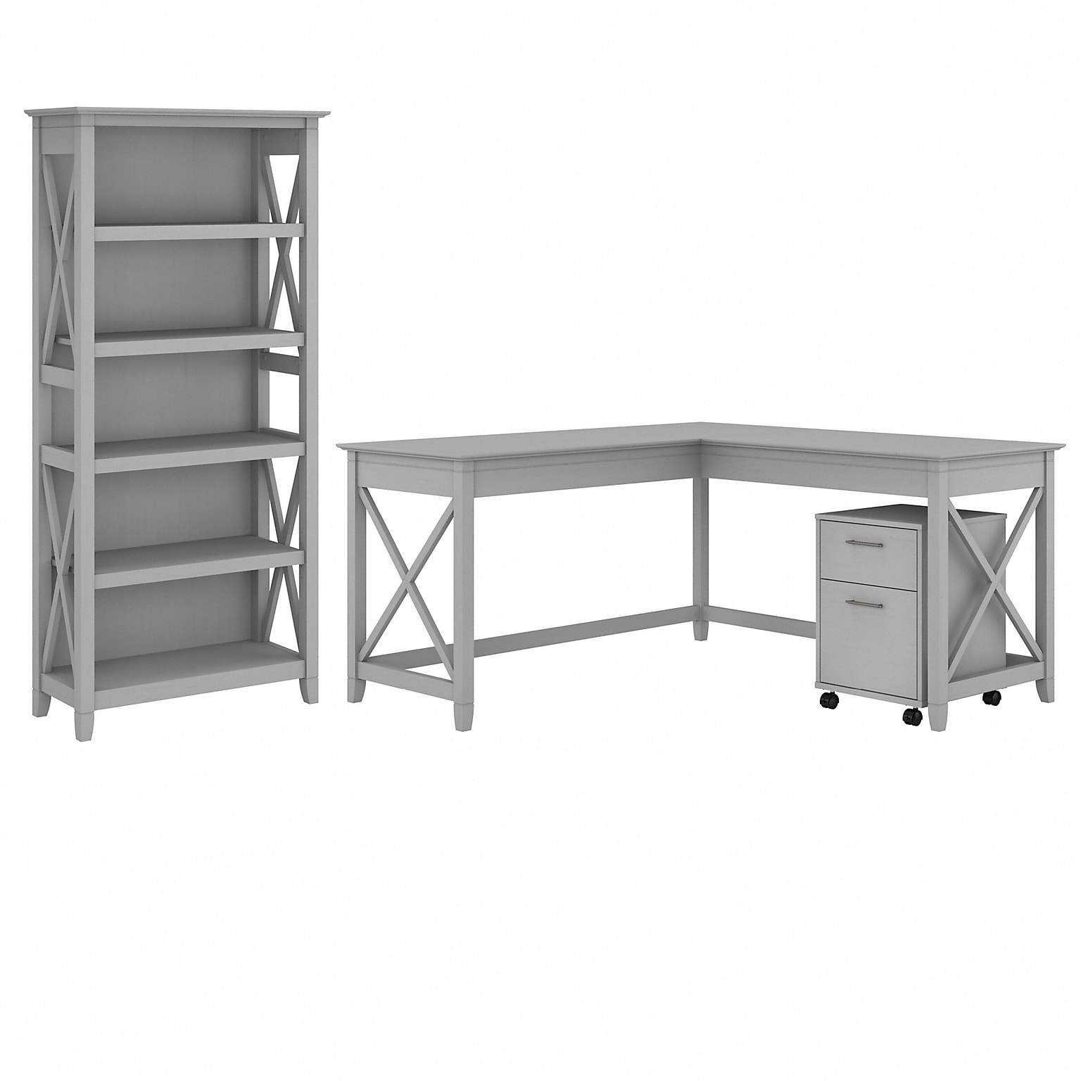Bush Furniture Key West 60W L Shaped Desk with 2 Drawer Mobile File Cabinet and 5 Shelf Bookcase, Cape Cod Gray (KWS016CG)