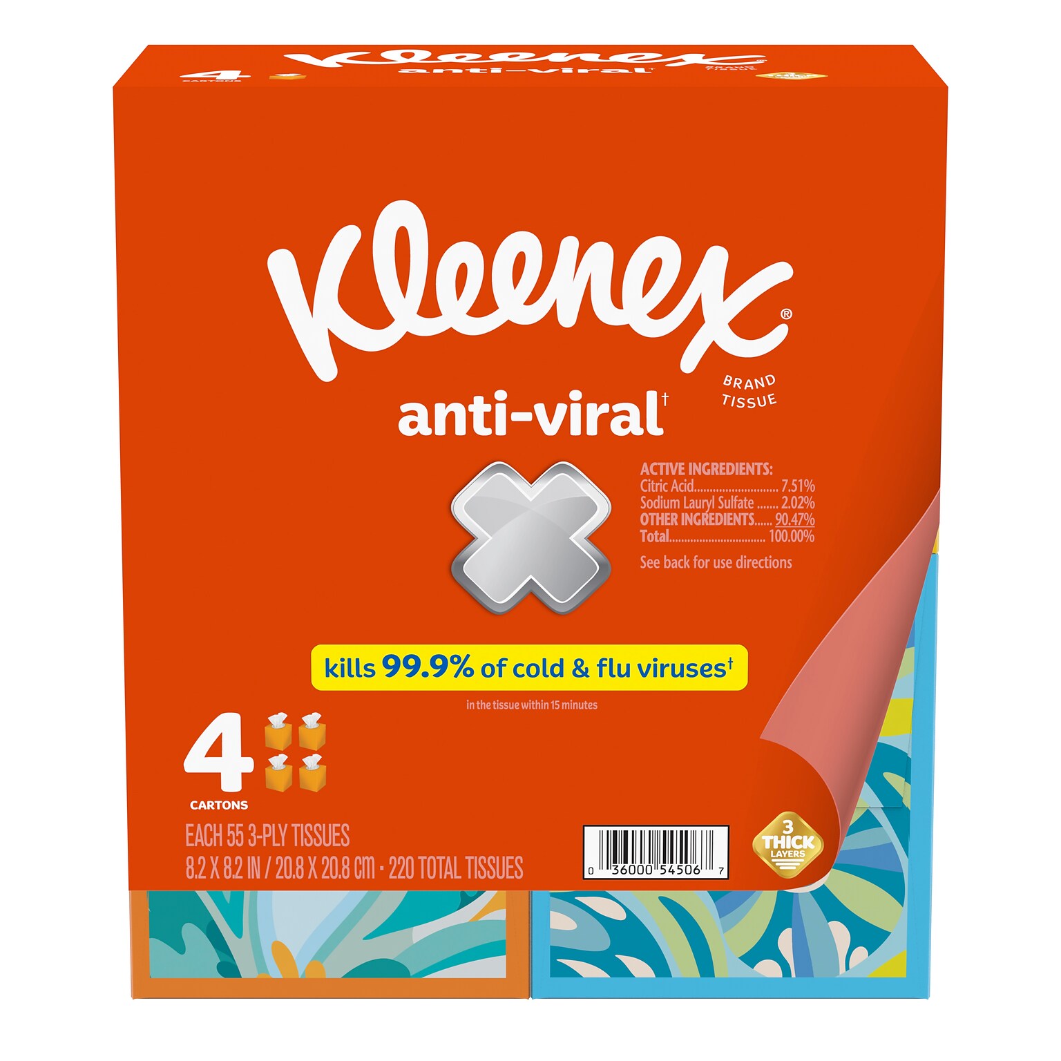 Kleenex Antiviral Facial Tissue, 3-ply, 55 Tissues/Box, 4 Boxes/Pack (54506)
