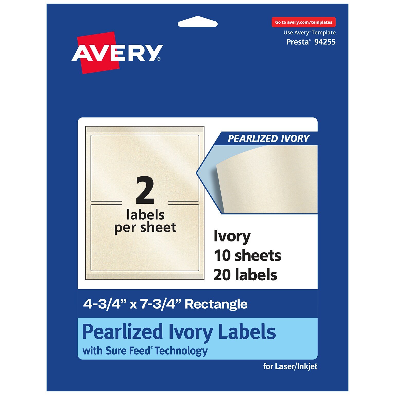 Avery Pearlized Ivory Rectangle Multipurpose Labels, 4.75 x 7.75, Ivory, 20/Pack (94255)