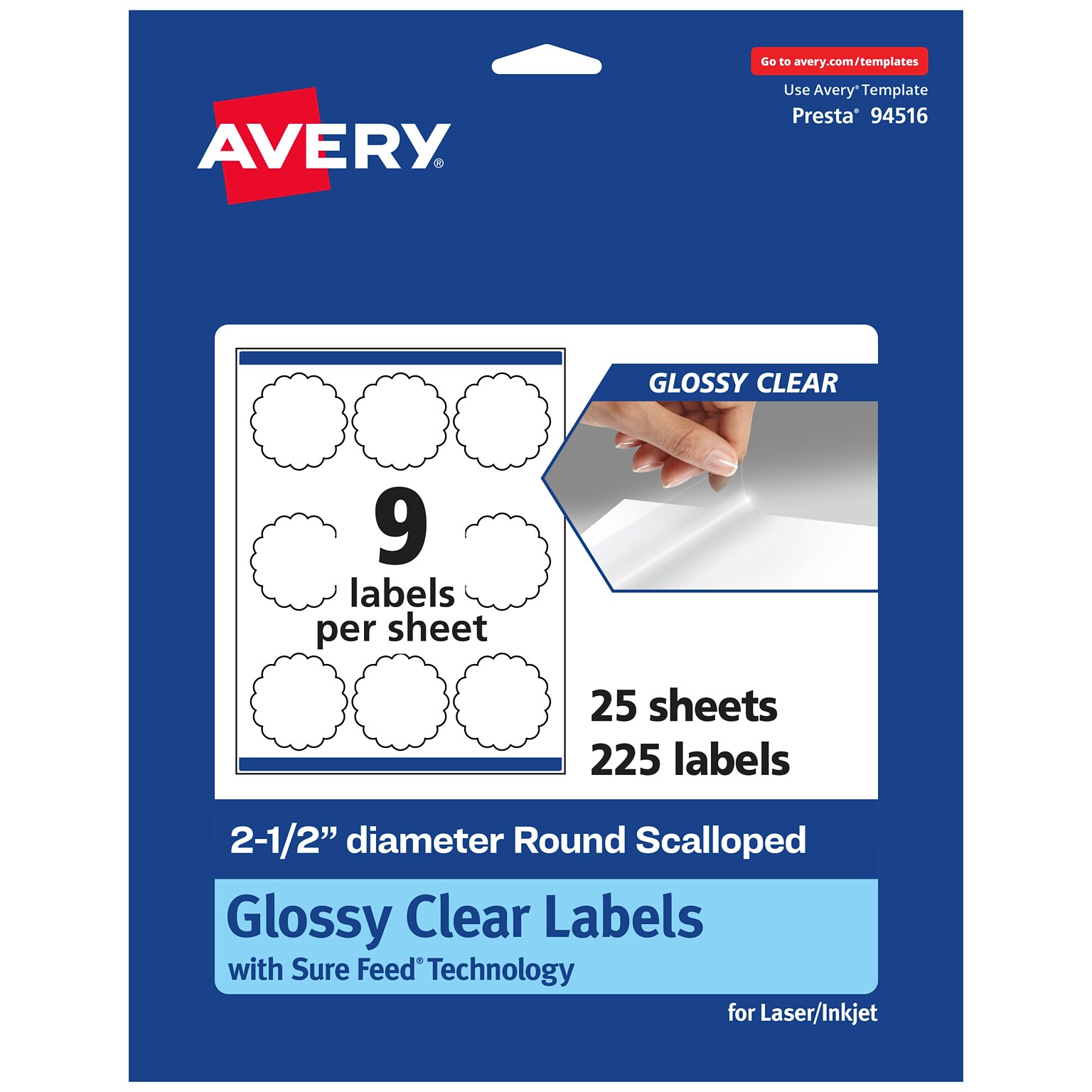 Avery Laser/Inkjet Multipurpose Labels, 2.5 x 2.5, Glossy Clear, 225/Pack (94516)