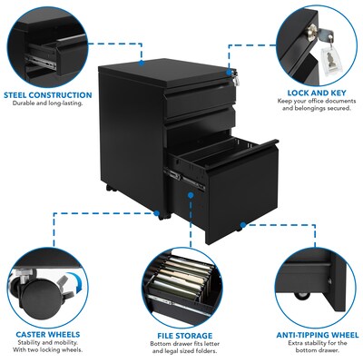 Mount-It! 3-Drawer Mobile File Cabinet, Letter & Legal Size, Lockable, 23.72"H x 14.7"W x 18.11"D, Black (MI-941B)