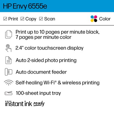 HP Envy 6555e Wireless All-in-One Color Inkjet Printer, Scanner, Copier, Best for home, 3 months FREE ink with HP+ (714N5A)