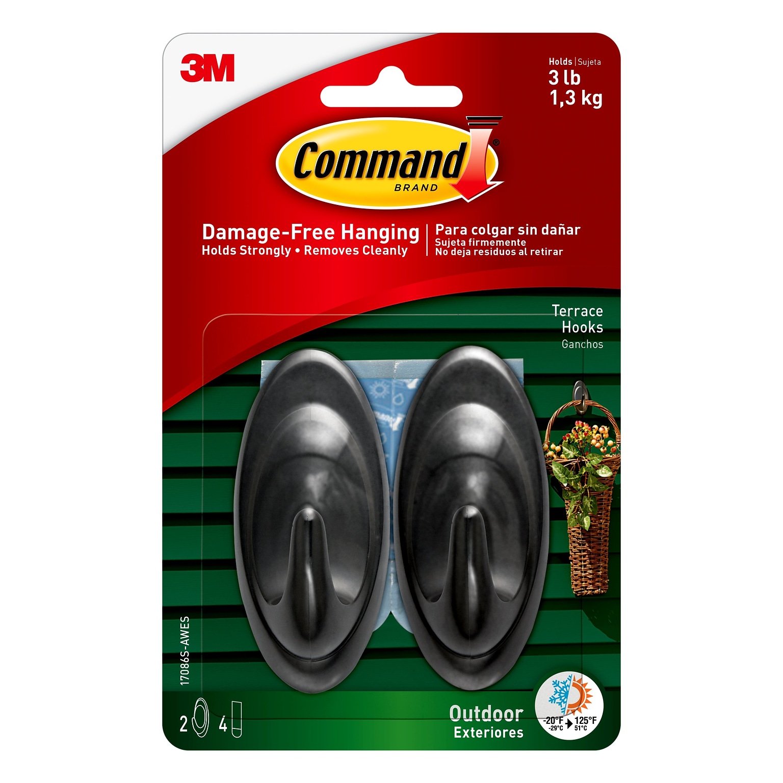Command  Medium Terrace Hooks, 3 lb., Slate, 2/Pack (17086S-AWES)