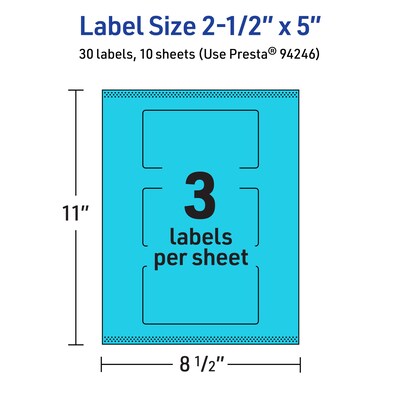 Avery Printable Rectangle Multipurpose Labels, 2.5" x 5", Bright Blue, 30/Pack (94246)