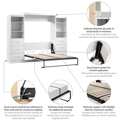 Bestar Nebula Queen Murphy Bed and 2 Closet Organizers with Drawers (115W), White (25983-000017)