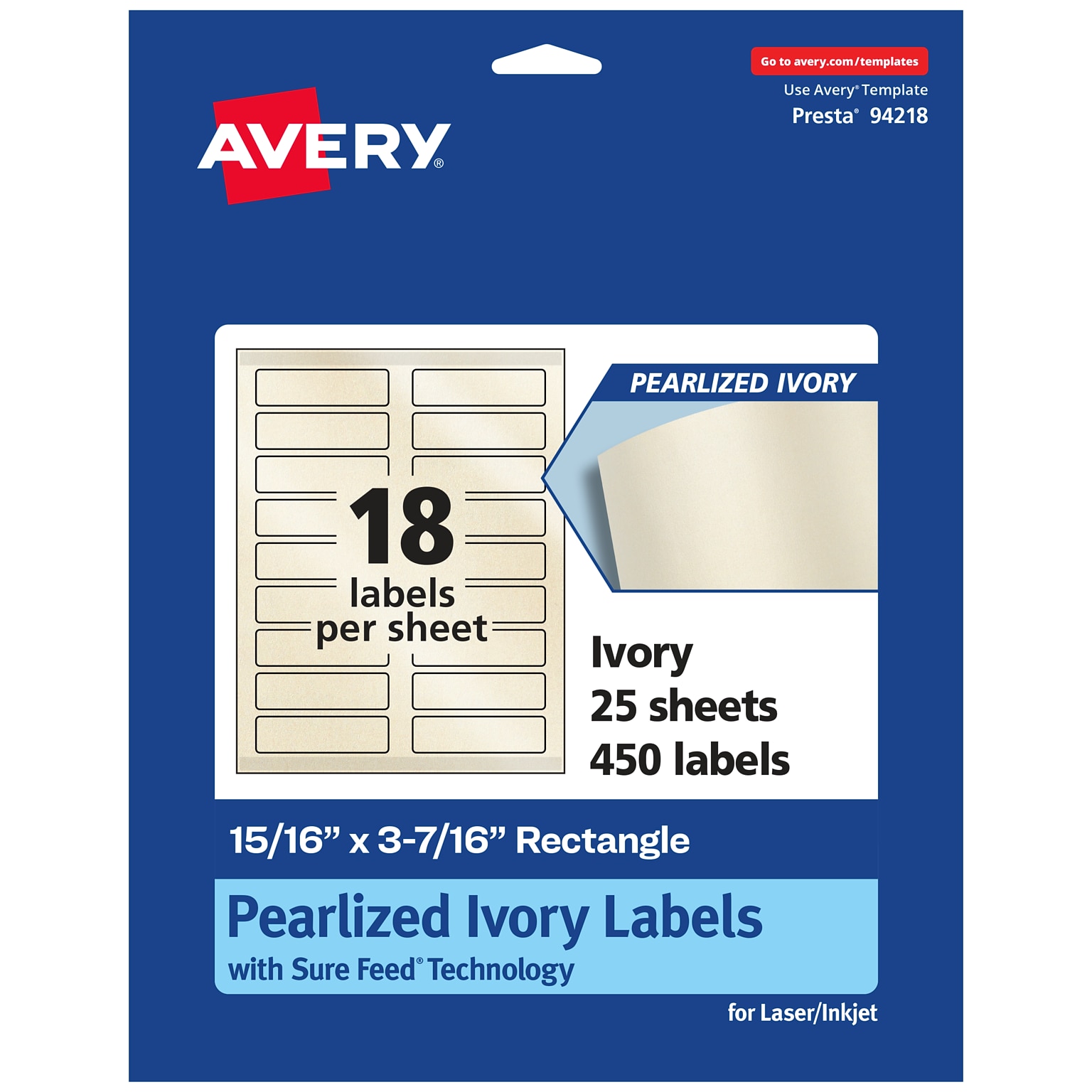 Avery Pearlized Ivory Rectangle Multipurpose Labels, 15/16 x 3-7/16, Ivory, 450/Pack (94218)