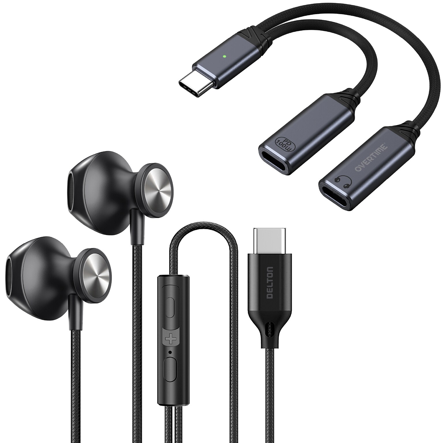 Delton 15EC Wired Earbuds & 2-in-1 USB-C Splitter Adapter Bundle, Black (DWH15ECKT1)