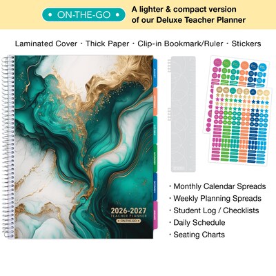 2026-2027 Excello Brands 8.5 x 11 Academic Weekly & Monthly Teacher Planner, Paperboard Cover, Teal Gold Marble (TP-AY26-0054)