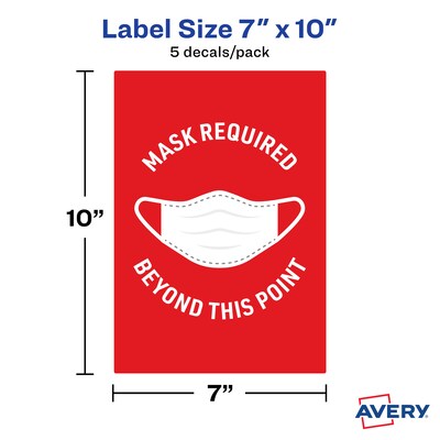 Avery Surface Safe "Mask Required Beyond This Point" Preprinted Wall Decals, 7" x 10", Red/White, 5 Pack (83177)