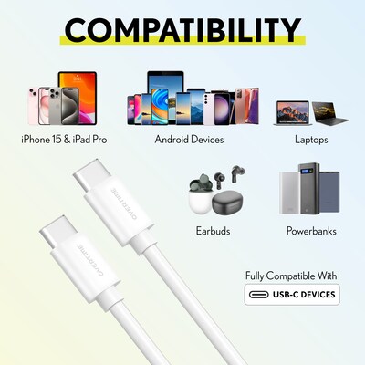 Overtime Overtime USBC Certified Charging Cables USB-C to USB-C Charging Cable, 10 ft., White, 3/Pack (MFIWHITE10FTX2)