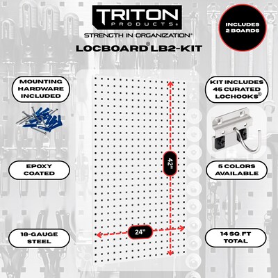 Triton Products LocBoard Kit, (2) 24 x 42 x 9/16 Steel Square Hole Pegboards, 63 Assorted Hooks (LB2-KIT)