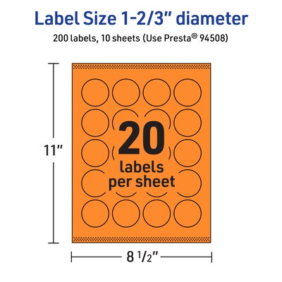 Avery Circle Multipurpose Labels, 1-2/3" Dia., Bright Orange, 200/Pack (94508)