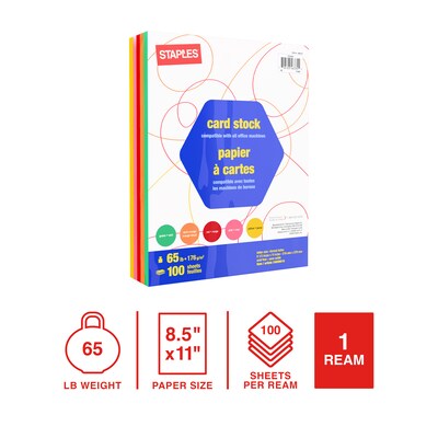 Staples 65 lb. Cardstock Paper, 8.5 x 11, Basic Brights Assorted, 100 Sheets/Pack (92105)