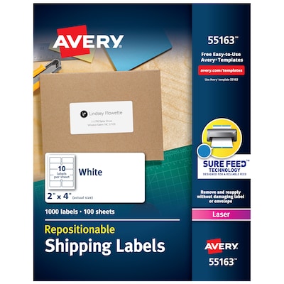 Avery Repositionable Laser Shipping Labels, 2 x 4, White, 10 Labels/Sheet, 100 Sheets/Box (55163)