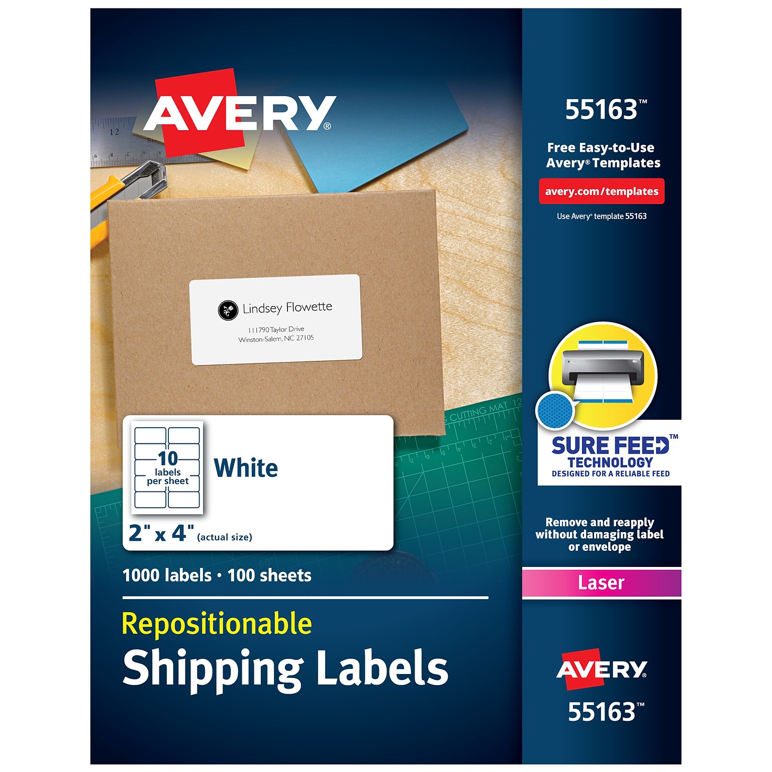 Avery Repositionable Laser Shipping Labels, 2 x 4, White, 1,000 Labels/Box (55163)