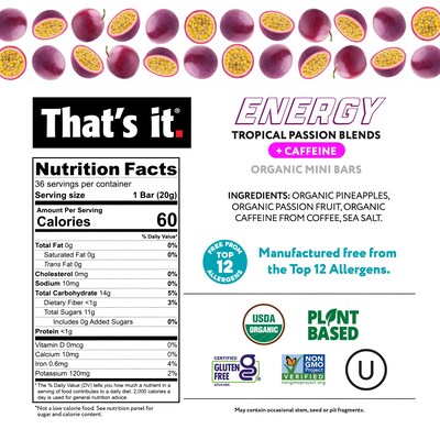 That's It Organic Gluten Free Tropical Passion Blends Energy Bar, 0.7 oz., 36/Pack (220-02519)