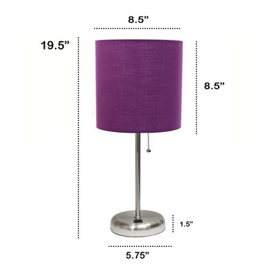 Creekwood Home Oslo 19.5" LED Table Lamp with USB Port, Brushed Steel/Purple Shade (CWT-2012-PR)