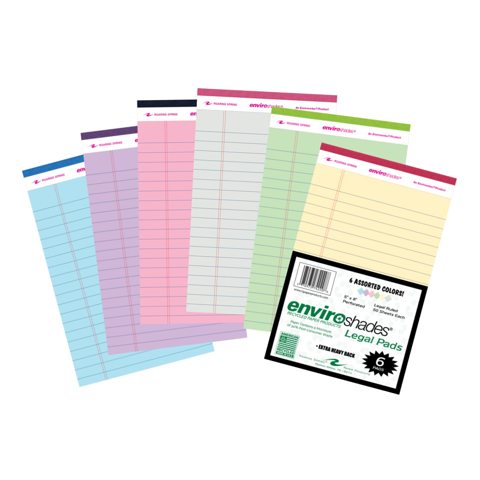 Roaring Spring Paper Products Enviroshades Notepad, 5 x 8.25, Legal Ruled, 6/Pack (74220)