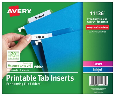Avery Hanging File Folder Tab Inserts, 5-Tab, White, 100/Pack (11136)