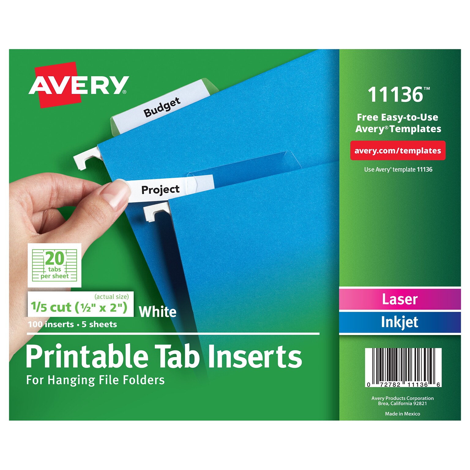 Avery Hanging File Folder Tab Inserts, 5-Tab, White, 100/Pack (11136)