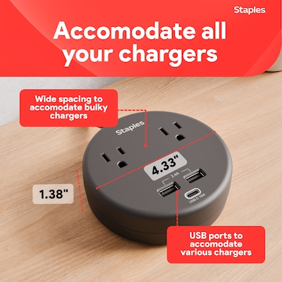 Staples TECH 2-Outlet 3-USB Port Surge Protector, 5', 500 Joules, Black (ST62772)