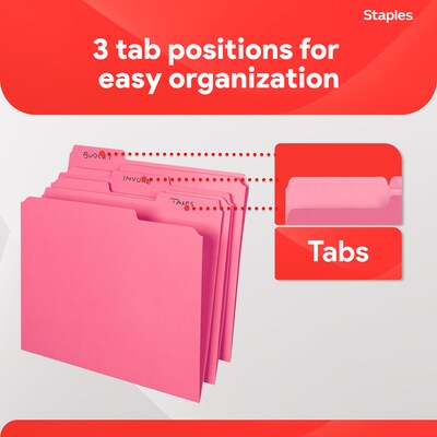 Staples Reinforced File Folders, 1/3-Cut Tab, Letter Size, Pink, 100/Box (508952)