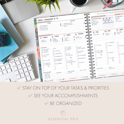 2026 Global Printed Products Essential Pro 8.5" x 11" Weekly & Monthly Planner, Paperboard Cover, Teal Floral (ESPROCY26851117)