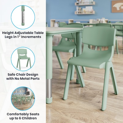 Flash Furniture Emmy Rectangular Activity Table Set, 47.25" x 23.5", Height Adjustable, Light Gray Woodgrain & Sage
