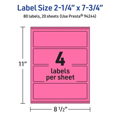 Avery Rectangle Laser/Inkjet Multipurpose Labels, 2.25" x 7.75", Bright Pink (80/Pack)