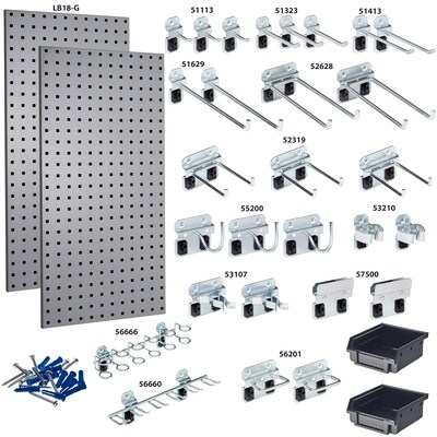Triton Products LocBoard Pegboards with 30 pc. LocHook Assortment and Hanging Bin System (LB18-GKit)