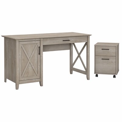 Bush Furniture Key West 54W Single Pedestal Desk with 2 Drawer Mobile Pedestal, Washed Gray (KWS006