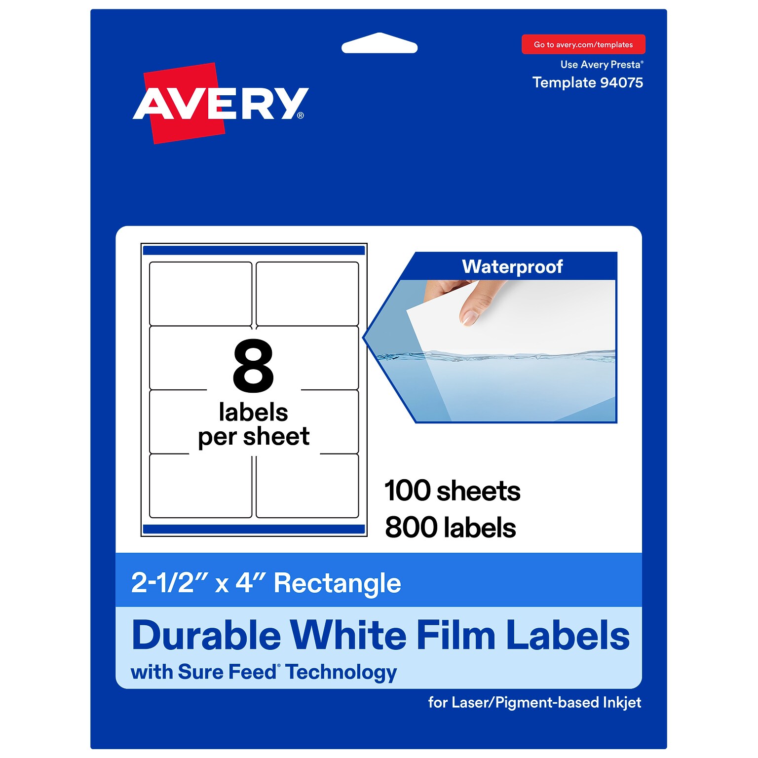 Avery Rectangle Laser/Inkjet Multipurpose Labels, White, 8 Labels/Sheet, 100 Sheets/Pack (19479311250)