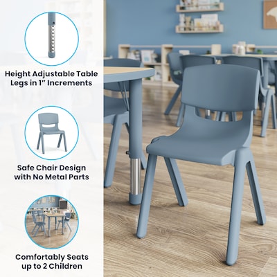 Flash Furniture Emmy Rectangular Activity Table Set, 26.5" x 21.75", Height Adjustable, Natural Woodgrain/Dusty Blue