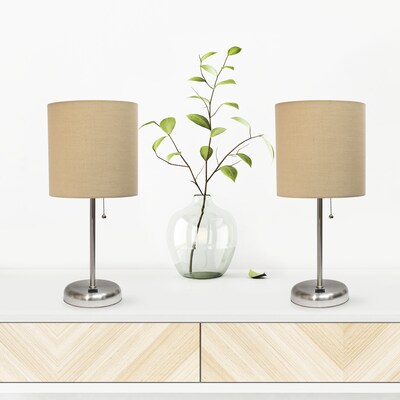 Creekwood Home Oslo Duo 19.5" LED Table Lamp with USB Port, Brushed Steel/Tan Shade, 2/Set (CWT-2012-TN-2PK)