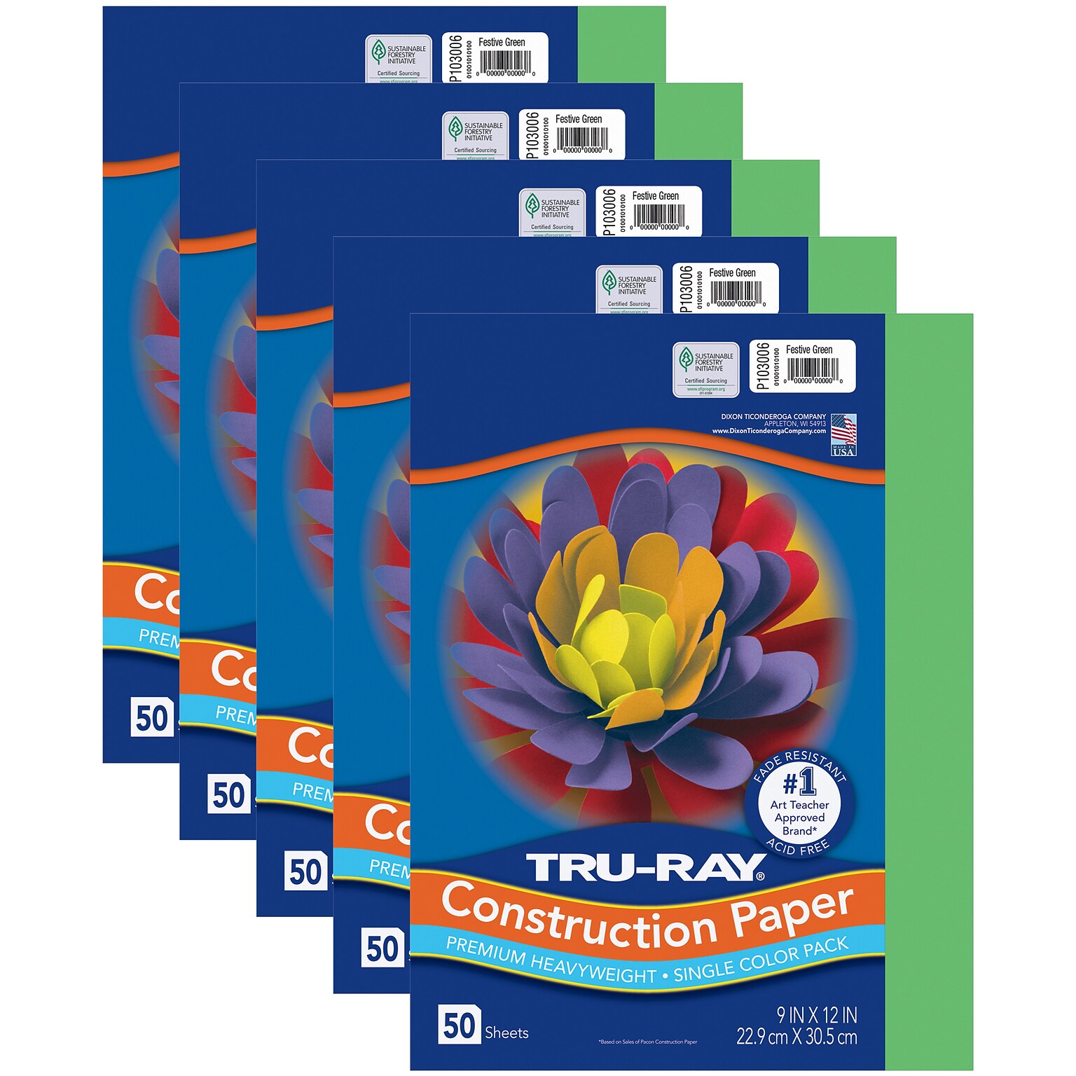 Tru-Ray 9 x 12 Construction Paper, Festive Green, 50 Sheets/Pack, 5 Packs/Bundle (PAC103006-5)