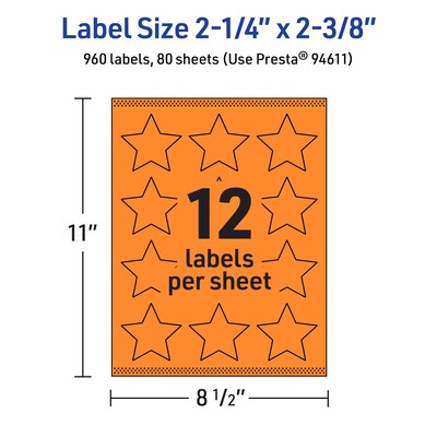 Avery Burst Multipurpose Labels, 2-1/4" x 2-3/8", Bright Orange, 960/Box (94611)