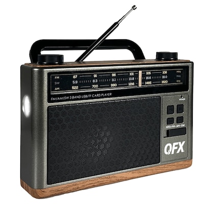 QFX Wireless Retro-Style Portable Bluetooth AM/FM/Shortwave Radio with Flashlight & Party Light, Brown (RETRO-1937)