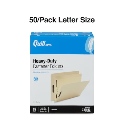 Quill Brand® Heavy-Duty Reinforced Straight Cut File Folders, 2-Fasteners, Letter, 2-Ply, Manila, 50/Bx (7-37523)