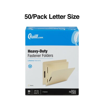 Quill Brand® Heavy-Duty Reinforced Straight Cut File Folders, 2-Fasteners, Letter, 2-Ply, Manila, 50/Bx (7-37523)