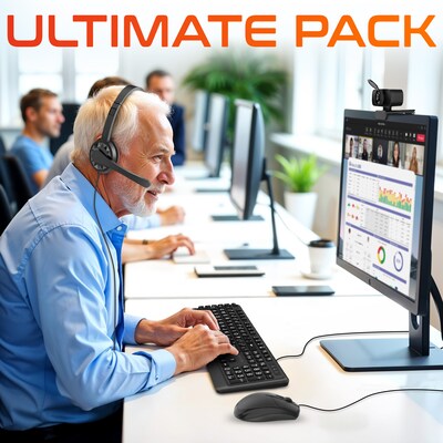 Delton Work Anywhere 12Y USB Headset, 1080p Webcam, Big-Key USB Keyboard & Mouse Bundle, Black (DBND4WRD10YREG)