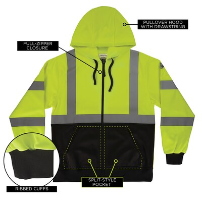GloWear 8312BK High Visibility Long Sleeve Black Bottom Hooded Zip-Up Sweatshirt, ANSI Type R Class 3, Lime, Medium (22933)