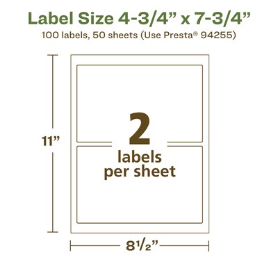 Avery EcoFriendly Laser/Inkjet Rectangle Multipurpose Labels, 4-3/4" x 7-3/4", White, 100/Box (94255)