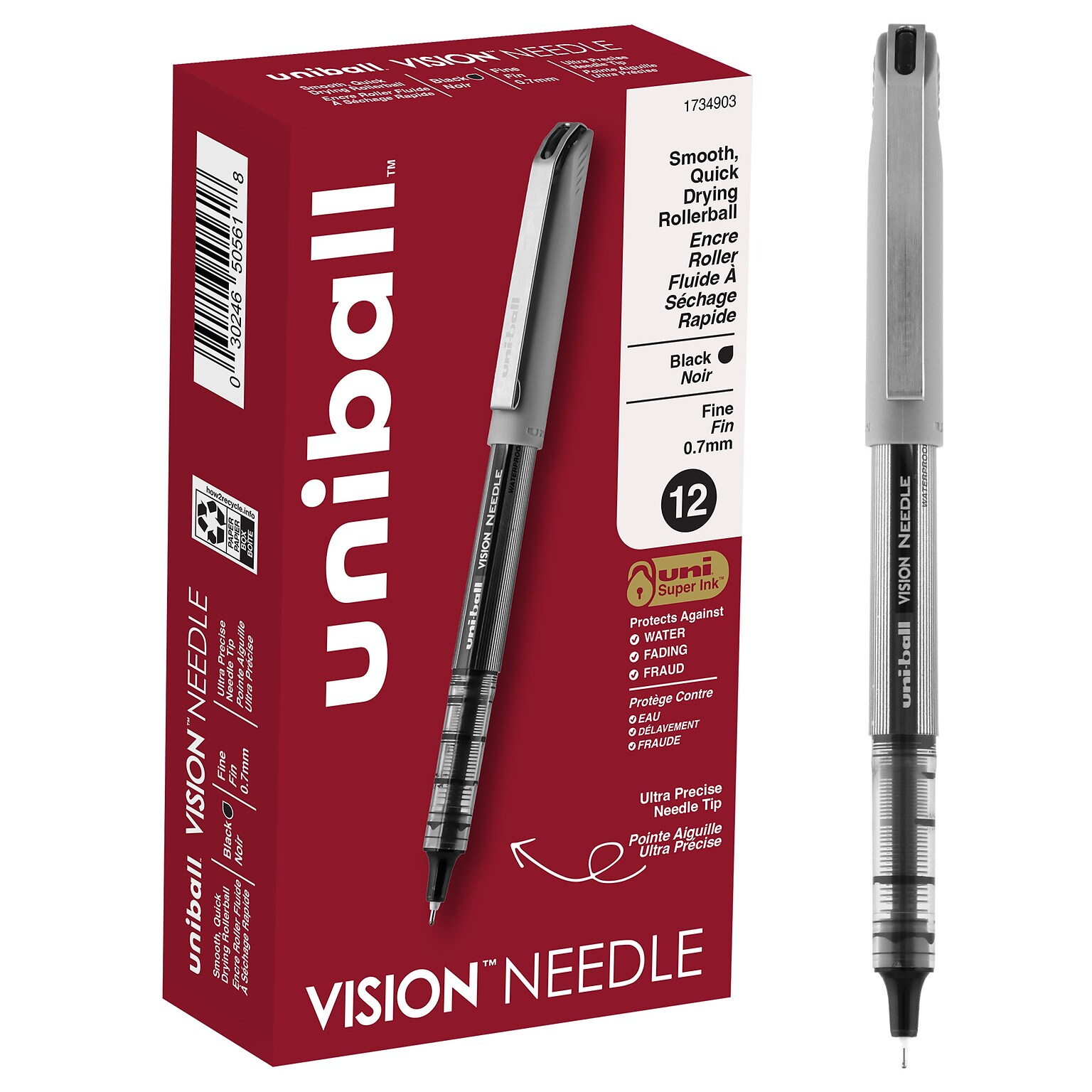 uni-ball Vision Needle Rollerball Pens, Fine Point, 0.7mm, Black Ink, Dozen (1734903)