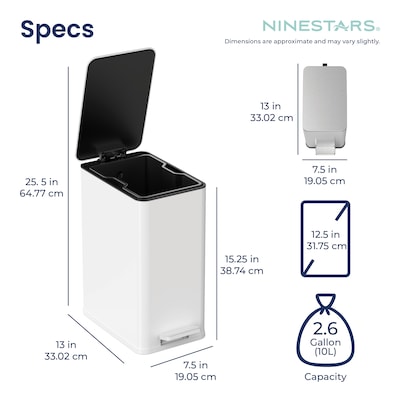 Nine Stars Stainless Steel Step Trash Can, 2.6 Gallon, White (XZD-10-88WH)