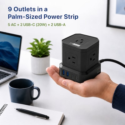 Uncaged Ergonomics Cube 5-Outlet 4-USB Port Surge Protector, 10, Black (PC-B-C)