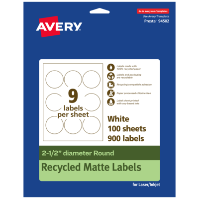 Avery Laser/Inkjet Round Multipurpose Labels, 2.5 Dia., White, 900 Labels/Box  (94502)