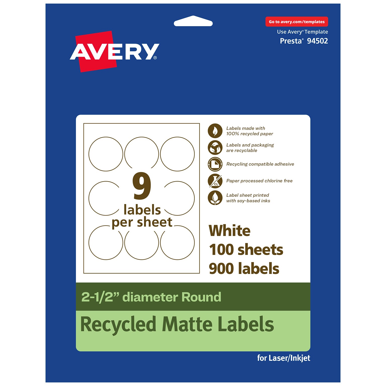 Avery Laser/Inkjet Round Multipurpose Labels, 2.5 Dia., White, 900 Labels/Box  (94502)